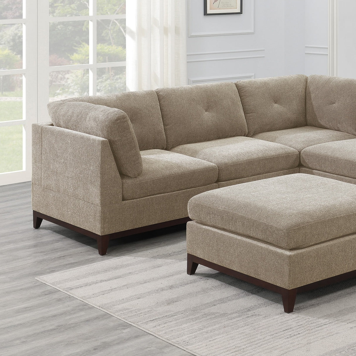 Camel Chenille Fabric Modular Sectional 6pc Set Living Room Furniture Corner Sectional Couch 3x Corner Wedge 2x Armless Chairs and 1x Ottoman Tufted Back | Home Elegance USA