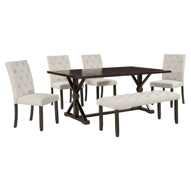 TREXM 6-Piece Farmhouse Dining Table Set 72" Wood Rectangular Table, 4 Upholstered Chairs with Bench (Espresso) - Home Elegance USA