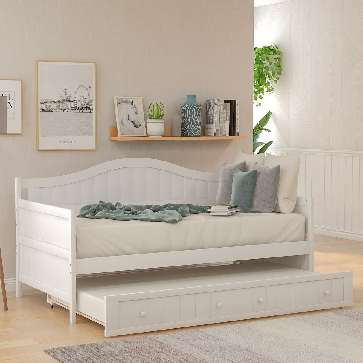 Twin Wooden Daybed with Trundle Bed, Sofa Bed for Bedroom Living Room,White - Home Elegance USA