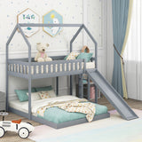 Twin over Full House Bunk Bed with Slide and Built-in Ladder,Full-Length Guardrail,Gray - Home Elegance USA