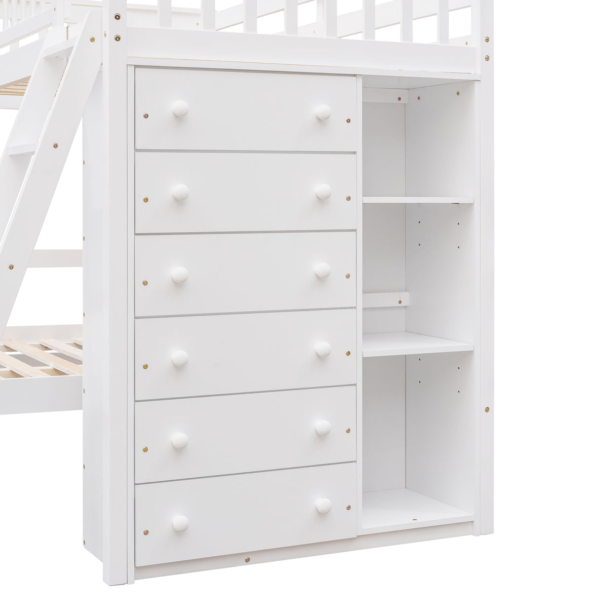 Wooden Twin Over Full Bunk Bed With Six Drawers And Flexible Shelves,Bottom Bed With Wheels,White(OLD SKU:LP000531AAK) - Home Elegance USA