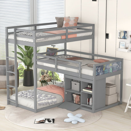 L-shaped Wood Triple Twin Size Bunk Bed with Storage Cabinet and Blackboard, Ladder, Gray - Home Elegance USA