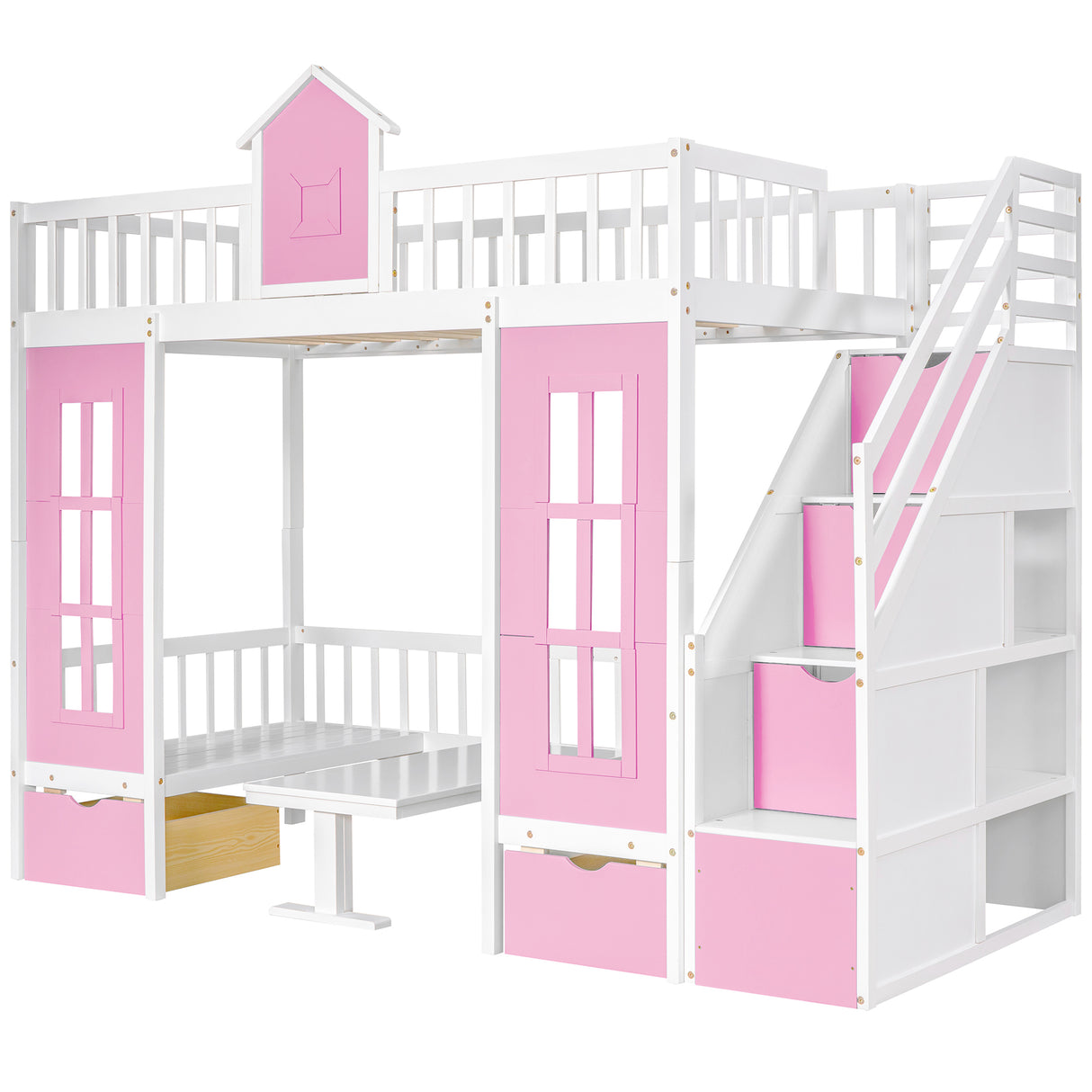 Twin-Over-Twin Bunk Bed with Changeable Table , Bunk Bed  Turn into Upper Bed and Down Desk with 2 Drawers - Pink - Home Elegance USA