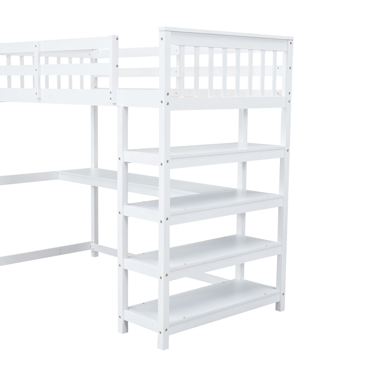 Twin Size Loft Bed with Storage Shelves and Under-bed Desk, White - Home Elegance USA