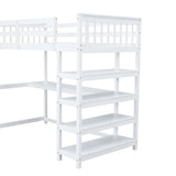 Twin Size Loft Bed with Storage Shelves and Under-bed Desk, White - Home Elegance USA