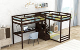 L-Shaped Twin Size Bunk Bed and Loft Bed with Built-in Middle Staircase and Desk,Espresso - Home Elegance USA