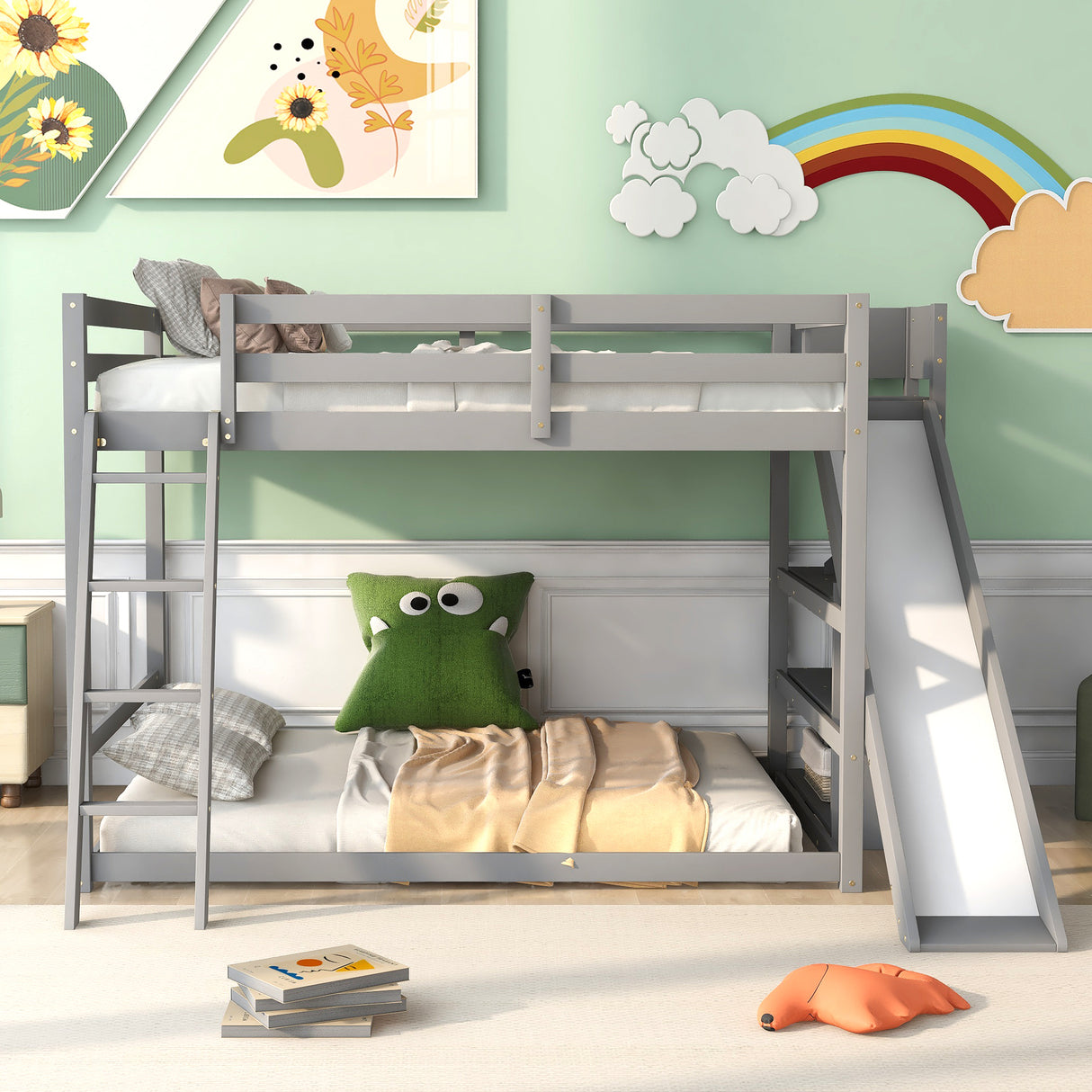 Full over Full Bunk Bed with Ladder, Slide and Shelves, Gray - Home Elegance USA