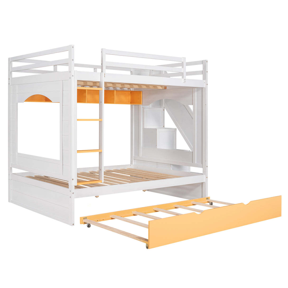 Full Over Full Bunk Bed with Trundle ,Stairs,Ladders Solid Wood Bunk bed with Storage Cabinet （White + Yellow） - Home Elegance USA