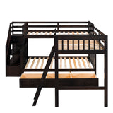 Twin over Full L-Shaped Bunk Bed With 3 Drawers, Ladder and Staircase - Espresso - Home Elegance USA