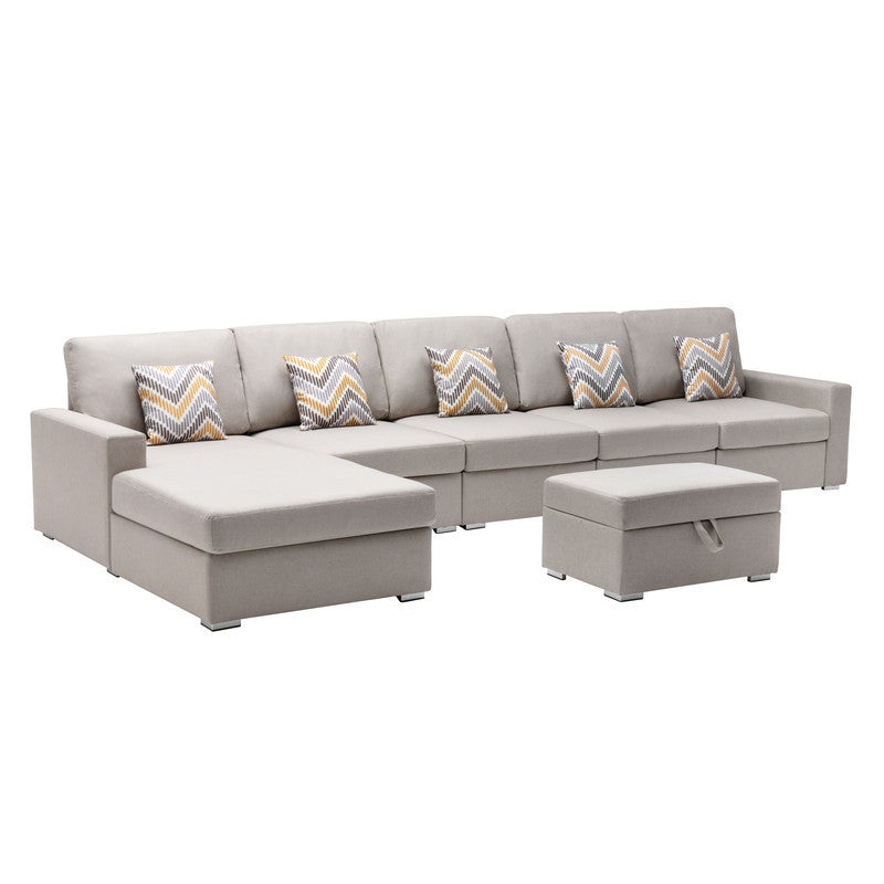 Nolan Beige Linen Fabric 6Pc Reversible Sectional Sofa Chaise with Interchangeable Legs, Pillows and Storage Ottoman - Home Elegance USA