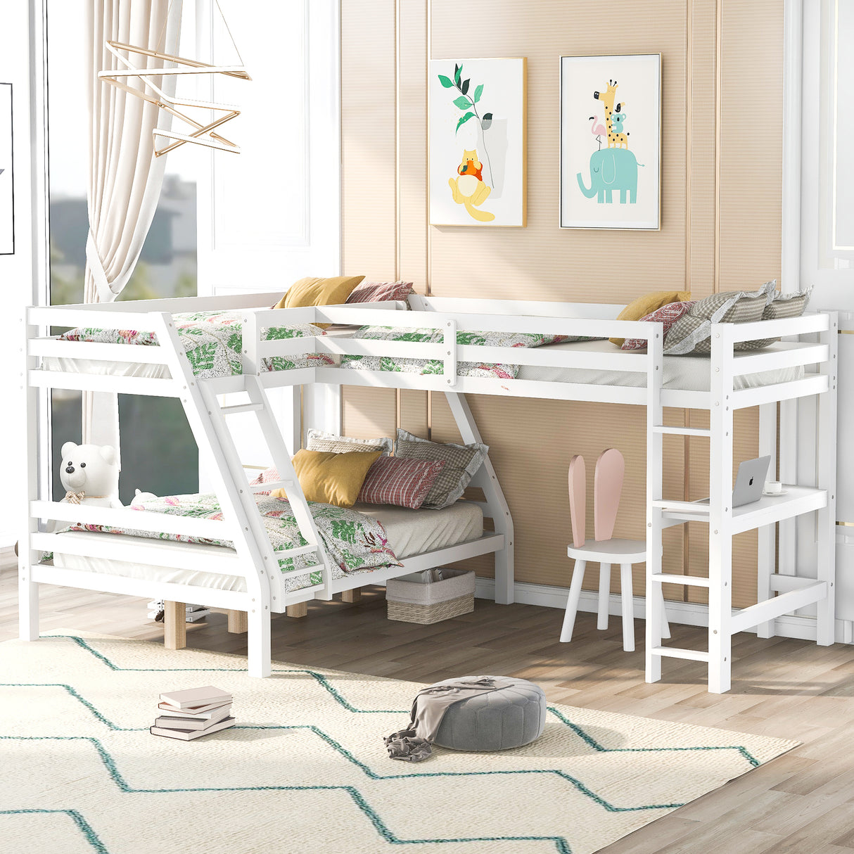 L-Shaped Twin over Full Bunk Bed and Twin Size Loft Bed with Built-in Desk,White - Home Elegance USA