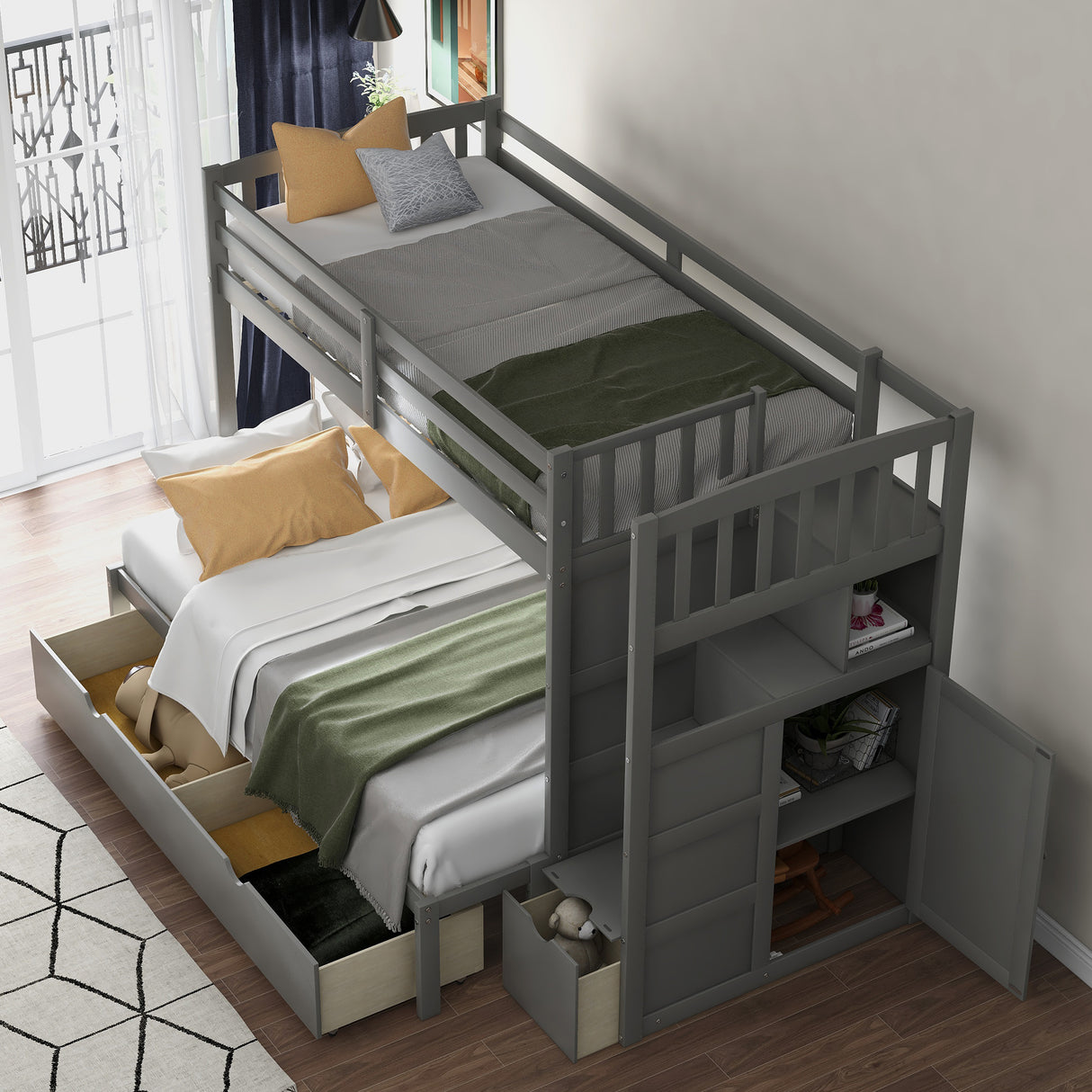 Twin over Full/Twin Bunk Bed, Convertible Bottom Bed, Storage Shelves and Drawers, Gray - Home Elegance USA