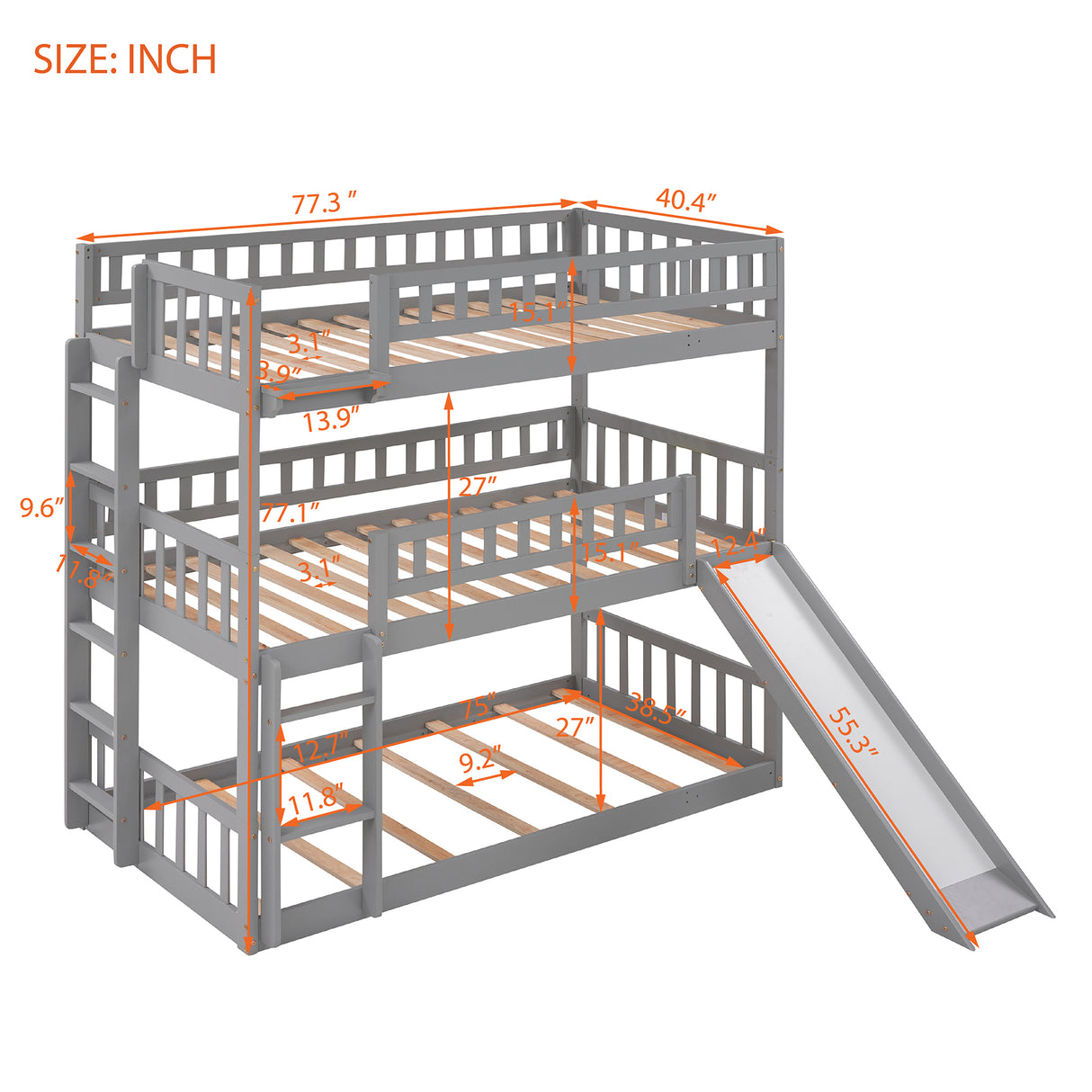 Twin-Over-Twin-Over-Twin Triple Bed with Built-in Ladder and Slide, Triple Bunk Bed with Guardrails, Gray(OLD SKU: LP000051AAE) - Home Elegance USA