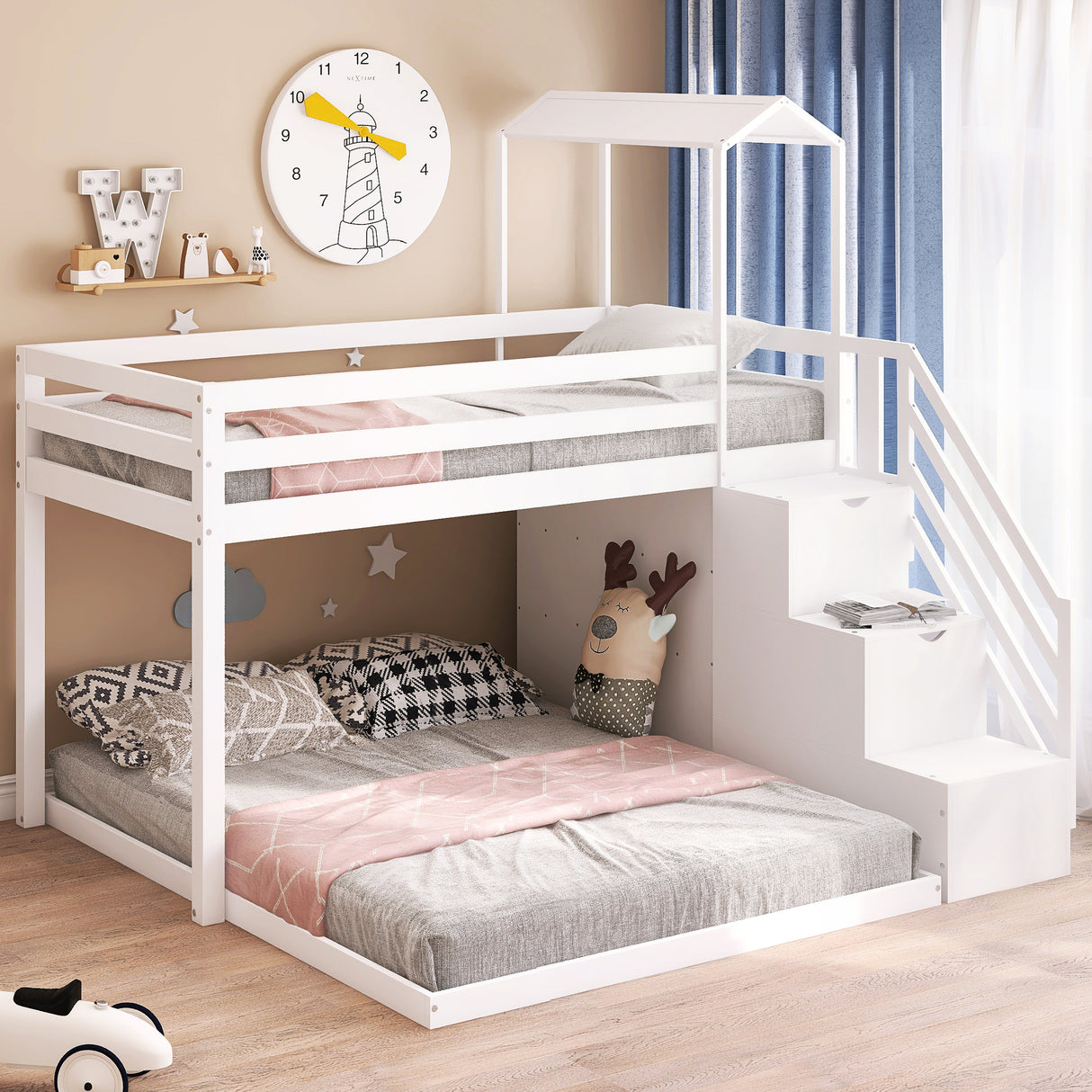 Twin over Full House Roof Bunk Bed with Staircase and Shelves, White - Home Elegance USA