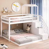 Twin over Full House Roof Bunk Bed with Staircase and Shelves, White - Home Elegance USA