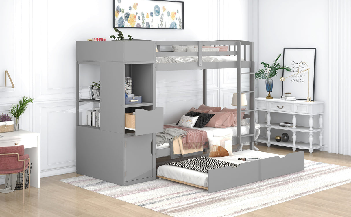 Twin Size Bunk Bed with Trundle and Attached Multifunctional Locker,Gray - Home Elegance USA