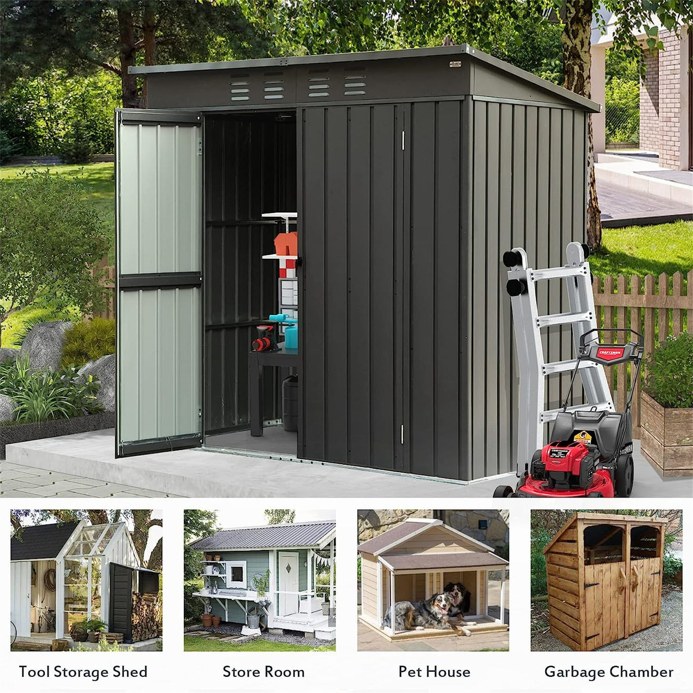 Backyard Storage Shed with Sloping Roof Galvanized Steel Frame Outdoor Garden Shed Metal Utility Tool Storage Room with Latches and Lockable Door (6.27x4.51ft, Black)