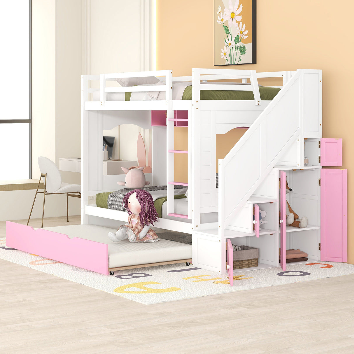 Twin Over Twin Bunk Bed with Trundle ,Stairs,Ladders Solid Wood Bunk bed with Storage Cabinet （White + Pink） - Home Elegance USA