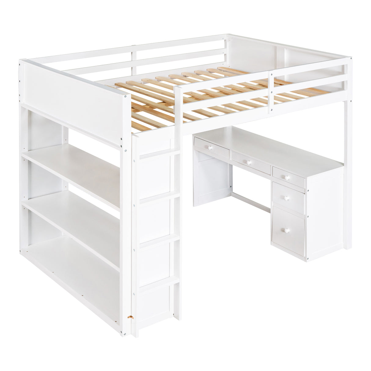 Full Size Loft Bed with Ladder, Shelves, and Desk, White - Home Elegance USA