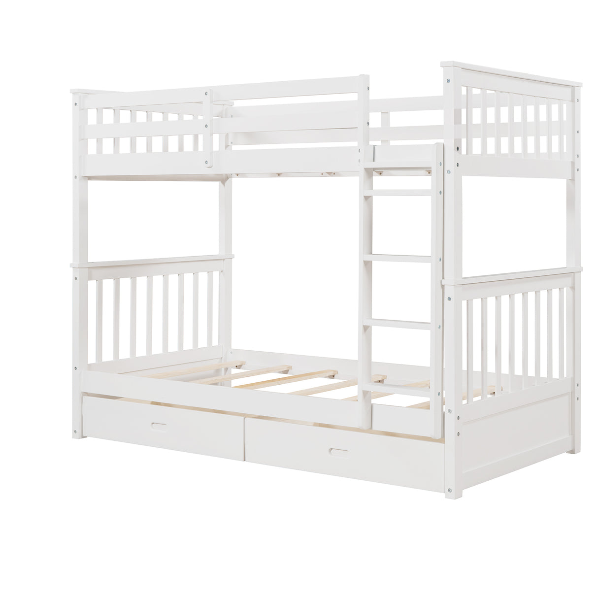 Twin-Over-Twin Bunk Bed with Ladders and Two Storage Drawers (White) - Home Elegance USA