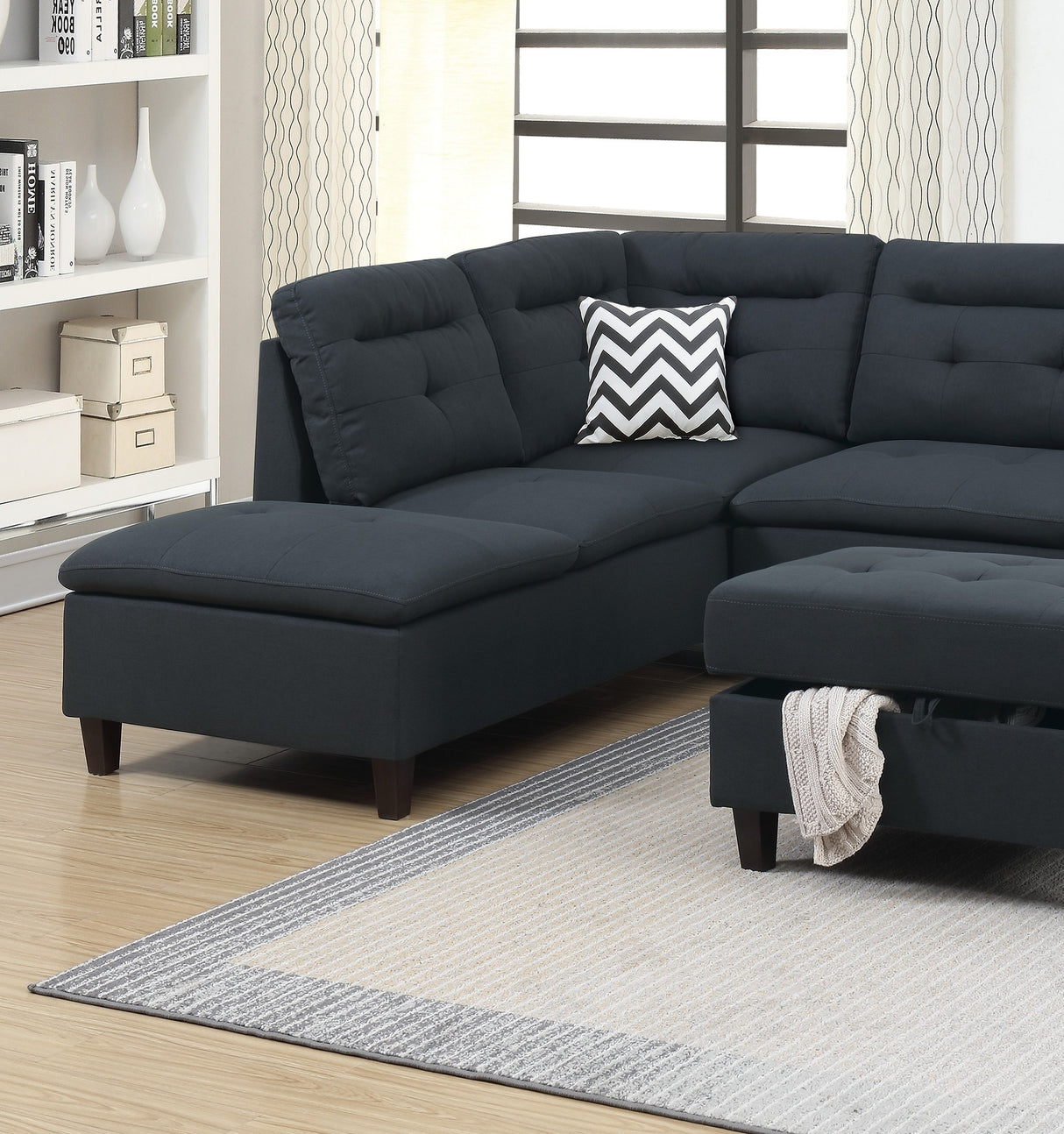 Living Room Furniture Black Cushion Sectional w Ottoman Linen Like Fabric Sofa Chaise - Home Elegance USA