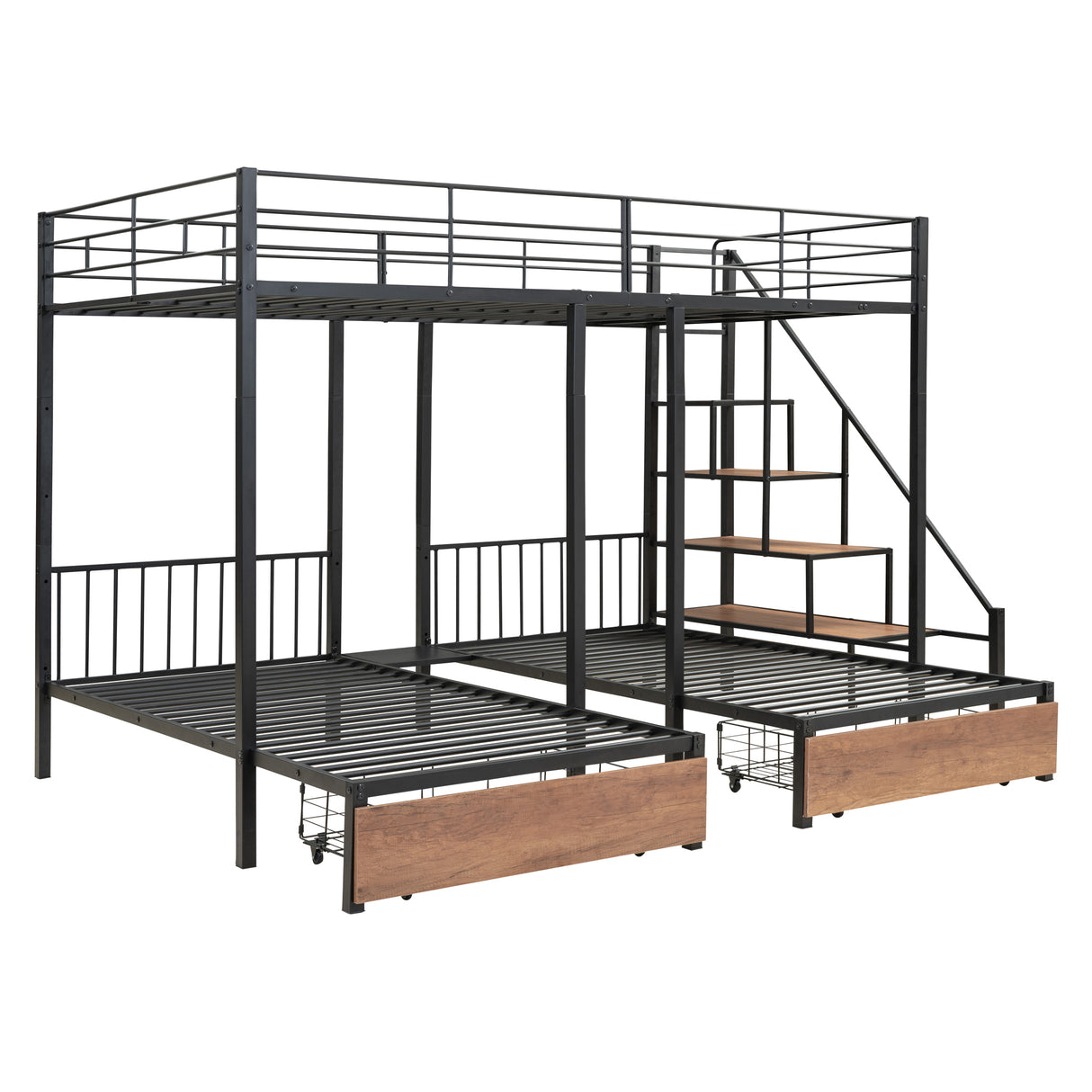 Full over Twin-Twin Triple bunk bed with drawers and staircase, Black