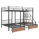 Full over Twin-Twin Triple bunk bed with drawers and staircase, Black