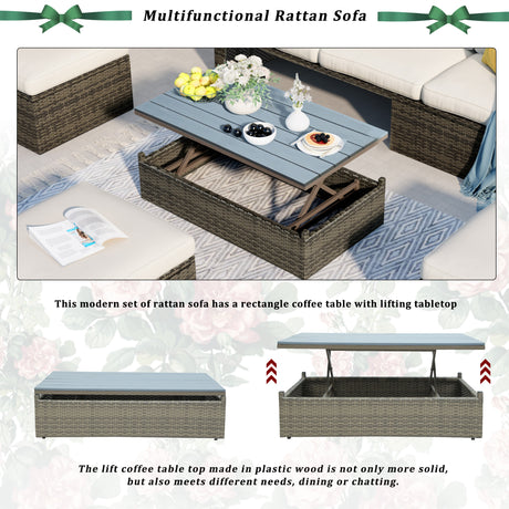 U_STYLE Patio Furniture Sets, 5-Piece Patio Wicker Sofa with Adustable Backrest, Cushions, Ottomans and Lift Top Coffee Table