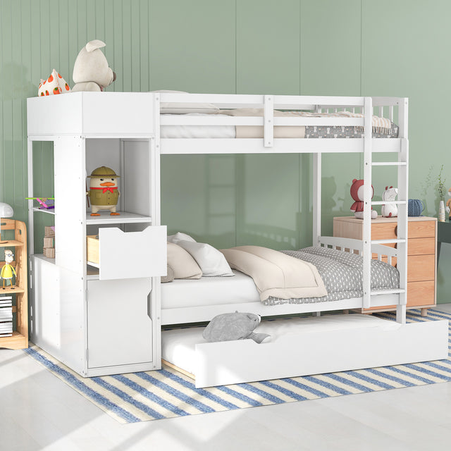 Twin Size Bunk Bed with Trundle and Attached Multifunctional Locker,White - Home Elegance USA