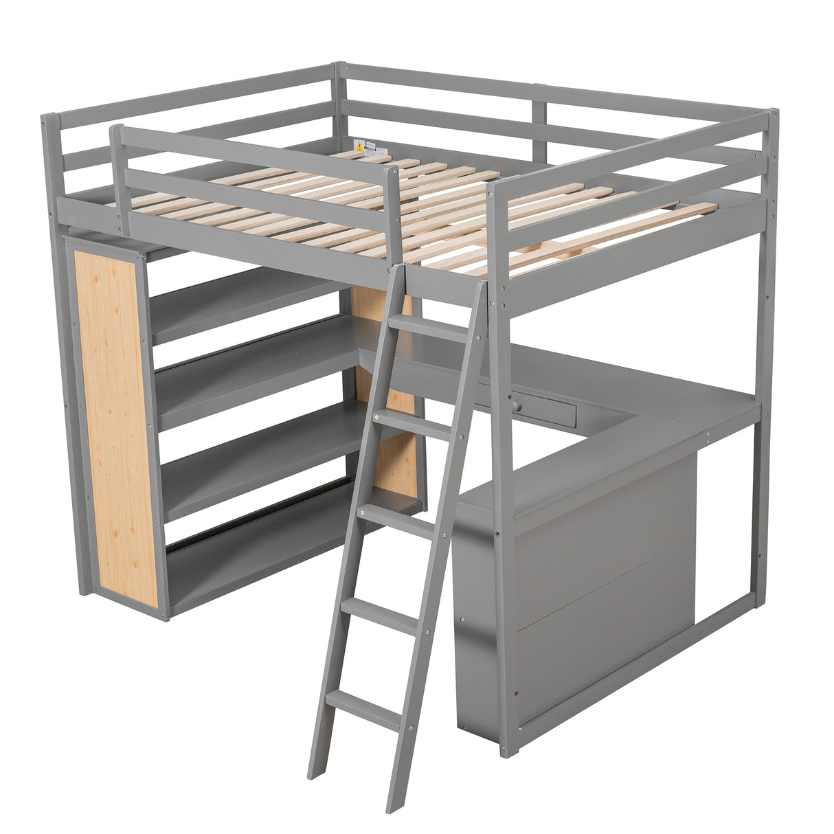 Full Size Loft Bed with Ladder, Shelves, and Desk, Gray - Home Elegance USA