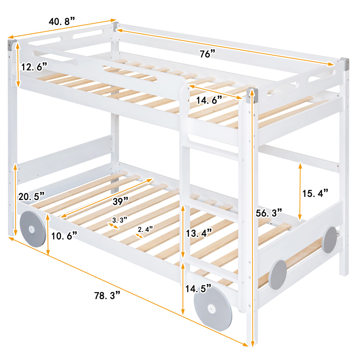 Twin Size Car-Shaped Convertible Bunk Bed, White - Home Elegance USA