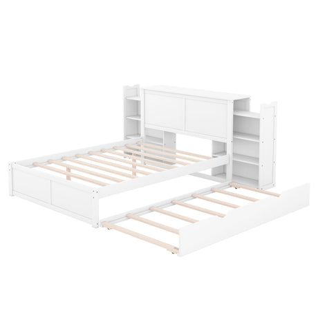 Full Size Storage Platform Bed with Pull Out Shelves and Twin Size Trundle, White - Home Elegance USA