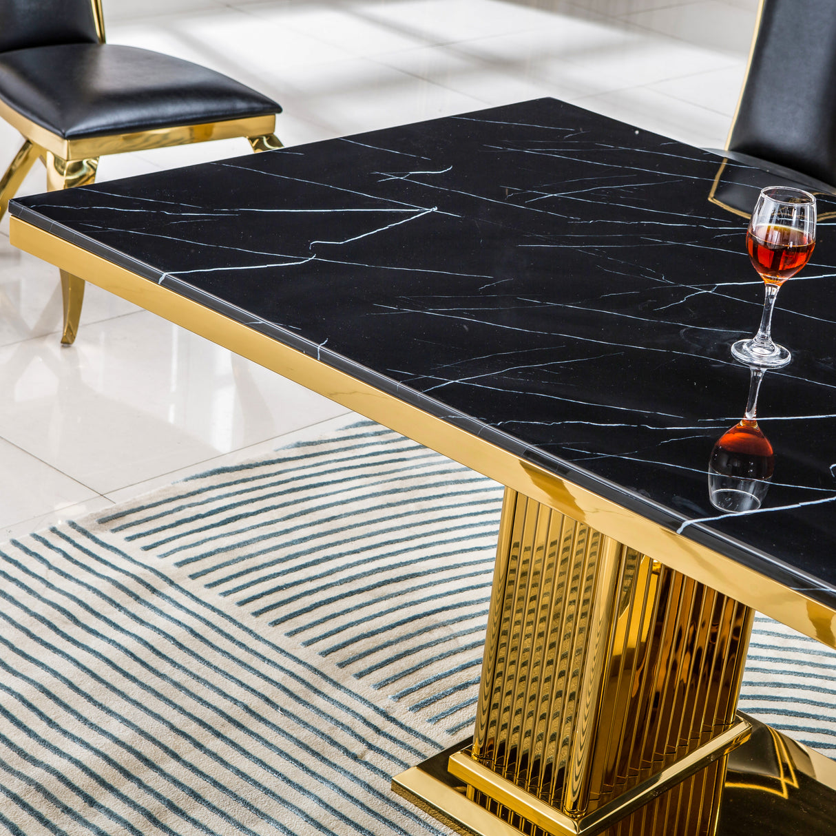 Modern Rectangular Marble Dining Table, 0.71" Thick Marble Top, Double Pedestal Pillar Stainless Steel Base with Gold Mirrored Finish(Not Including Chairs) - Home Elegance USA