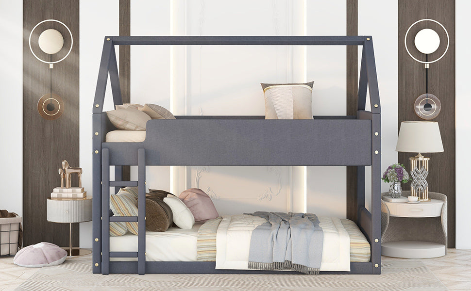 Twin Size Upholstery House Bunk Bed with Headboard and Footboard,Grey - Home Elegance USA