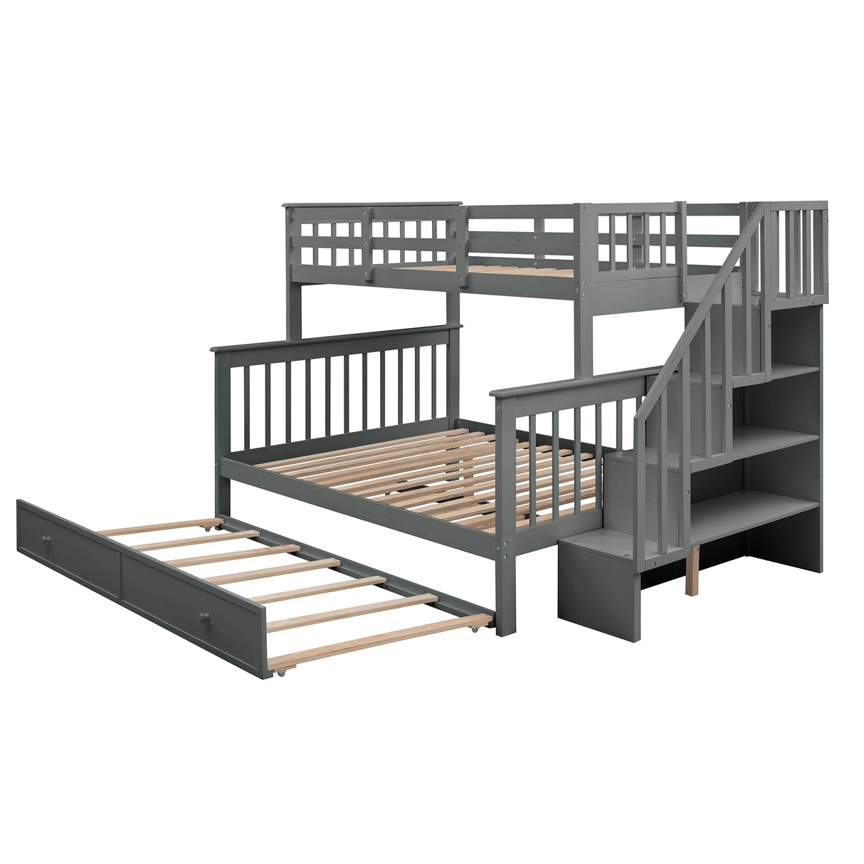 Stairway Twin-Over-Full Bunk Bed with Twin size Trundle, Storage and Guard Rail for Bedroom, Dorm, for Adults, Gray(OLD SKU :LP000119AAE) - Home Elegance USA