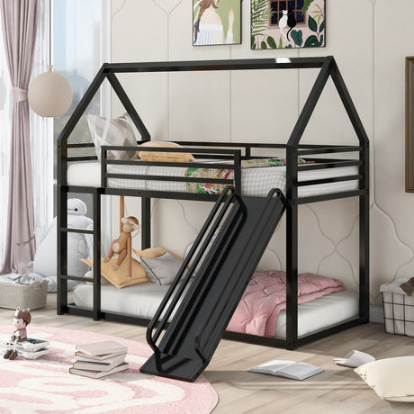 Twin over Twin House Bunk Bed with Ladder and Slide,Black - Home Elegance USA