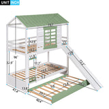 Twin over Twin Size House Bunk Bed with Convertible Slide and Trundle, White+Green - Home Elegance USA