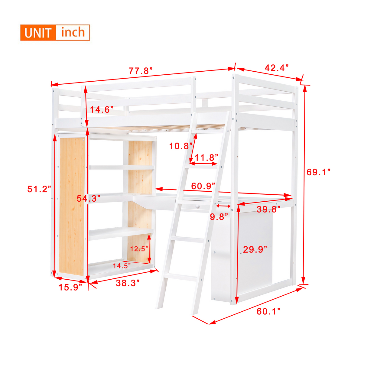 Twin Size Loft Bed with Ladder, Shelves, and Desk, White - Home Elegance USA