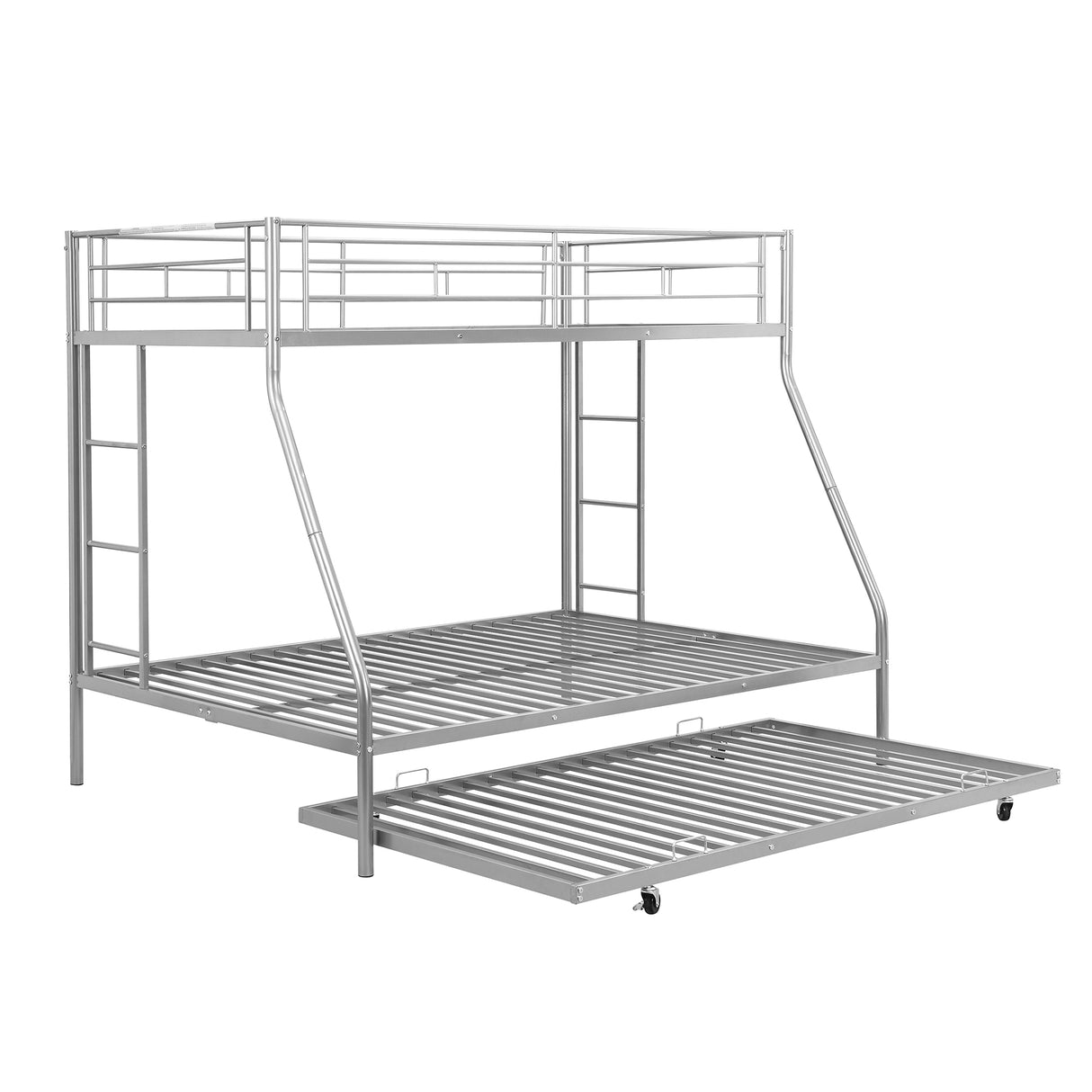 Twin over Full Bed with Sturdy Steel Frame, Bunk Bed with Twin Size Trundle, Two-Side Ladders, Silver