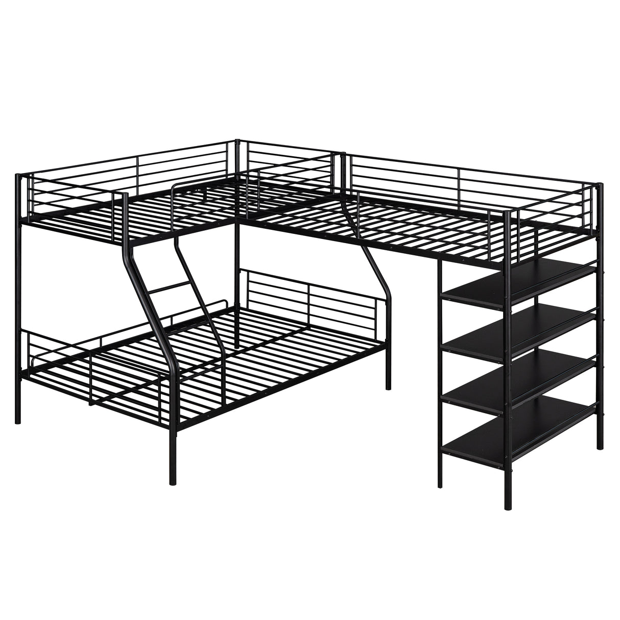 L-Shaped Metal Twin over Full Bunk Bed and Twin Size Loft Bed with Four Built-in Shelves,Black - Home Elegance USA