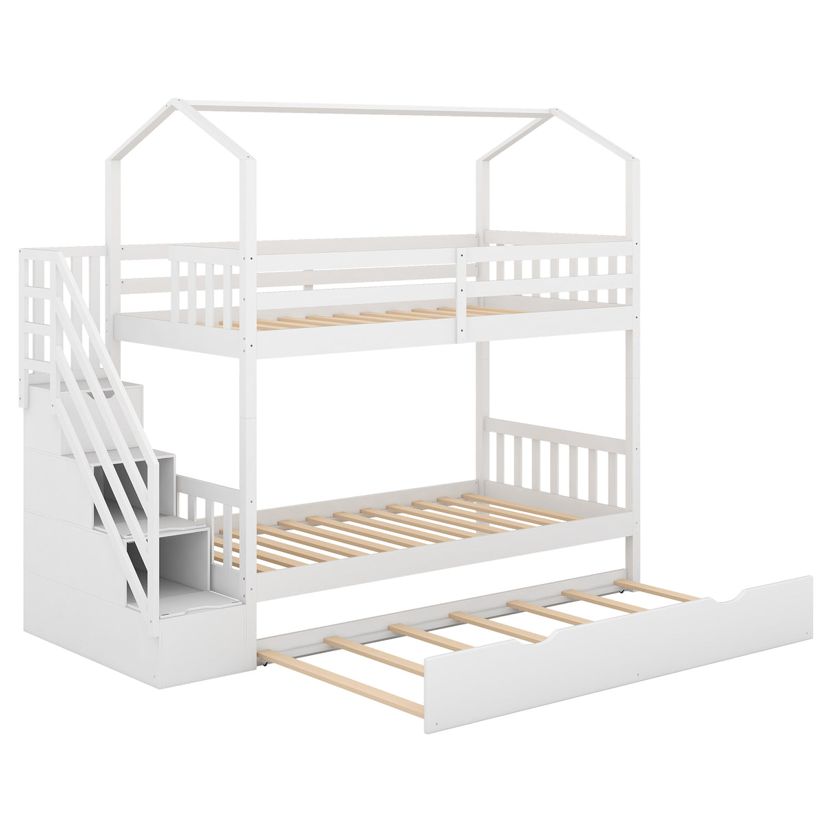 Multifunctional Twin over Twin House Bunk Bed with Staircase and Storage Space,White - Home Elegance USA