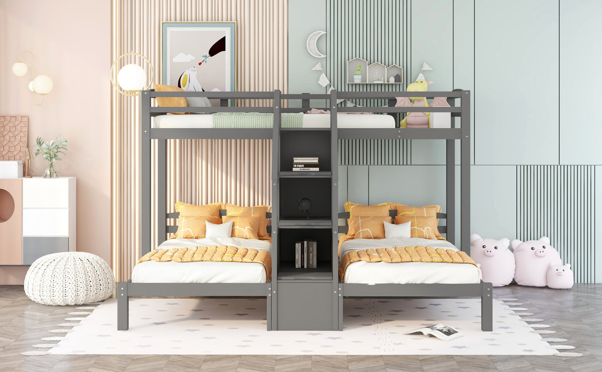 Twin over Twin & Twin Bunk Bed with Built-in Staircase and Storage Drawer,Gray Home Elegance USA