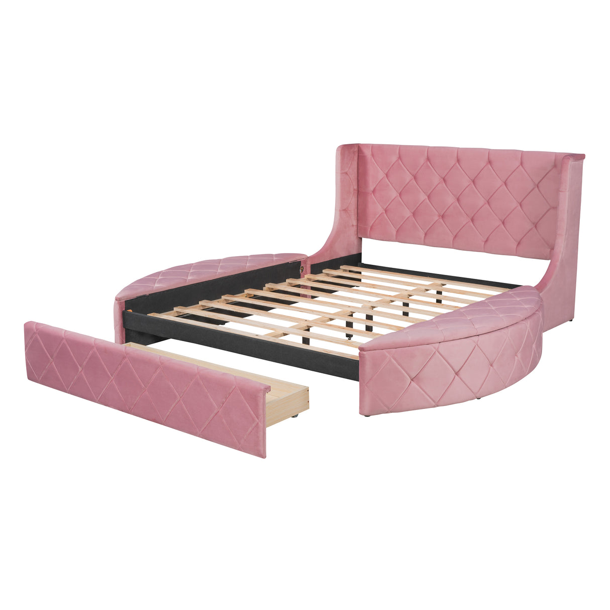 Upholstered Platform Bed Queen Size Storage Velvet Bed with Wingback Headboard and 1 Big Drawer,2 Side Storage Stool(Pink) - Home Elegance USA