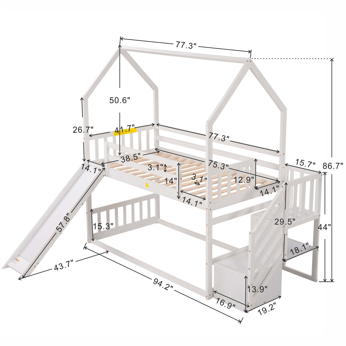 Twin over Twin House Bunk Bed with Convertible Slide,Storage Staircase,White - Home Elegance USA