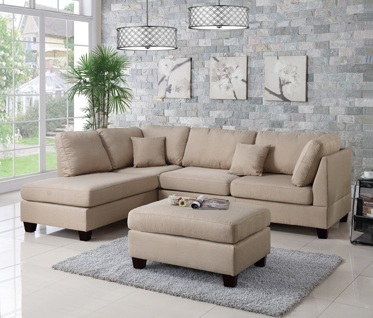 Sand Color 3pcs Sectional Living Room Furniture Reversible Chaise Sofa And Ottoman Polyfiber Linen Like Fabric Cushion Couch - Home Elegance USA