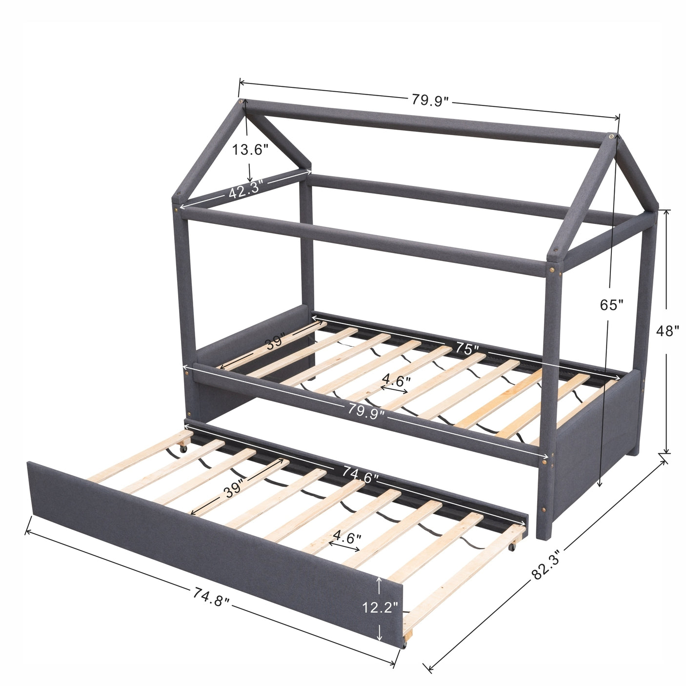 Twin Size Upholstered House Platform Bed with Trundle,Grey - Home Elegance USA