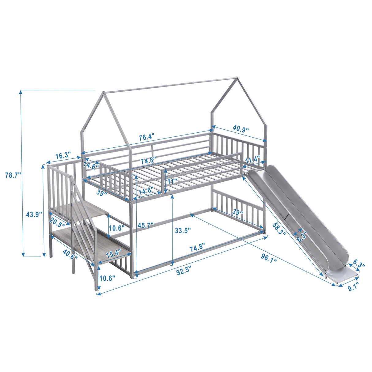 Twin over Twin Metal Bunk Bed House Bed with Slide and Staircase, Silver - Home Elegance USA