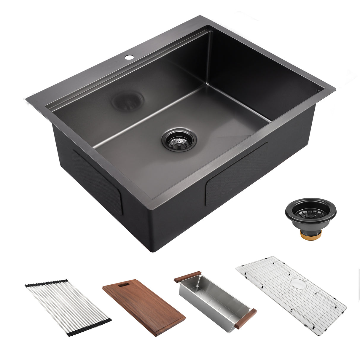 27" x 22" Drop In Kitchen Sink Gunmetal Black,  16 Gauge Stainless Steel Workstation Sink