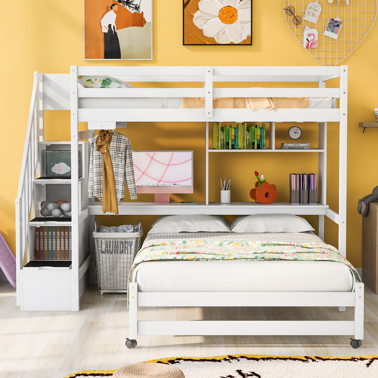 Twin over Full Bunk Bed with Storage Staircase, Desk, Shelves and Hanger for Clothes, White - Home Elegance USA