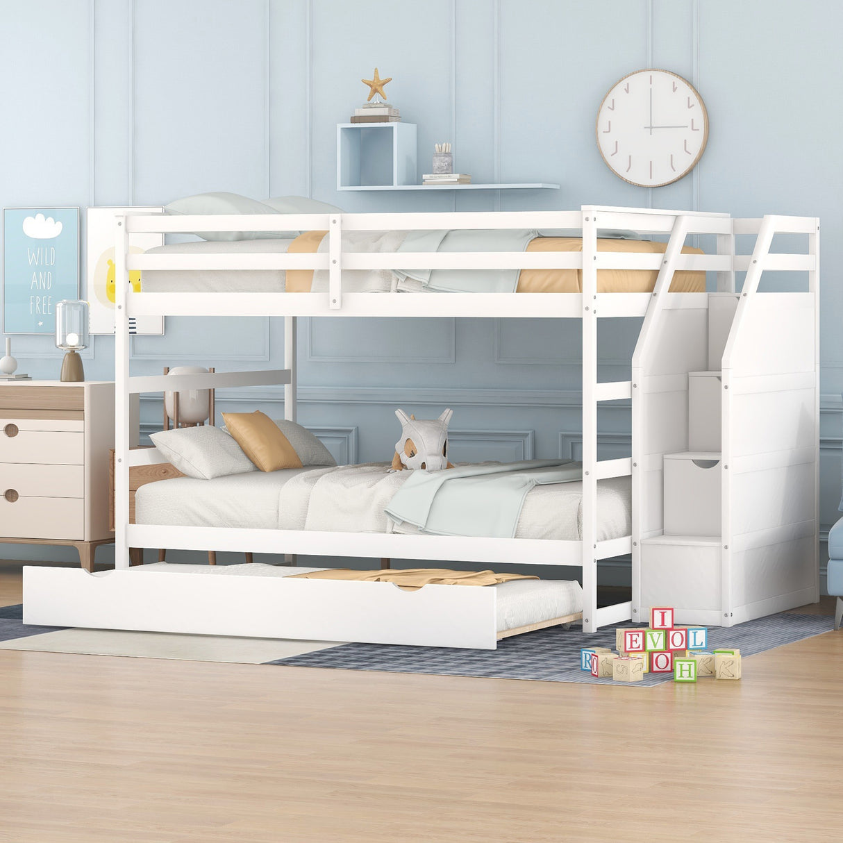 Full-over-Full Bunk Bed with Twin Size Trundle and 3 Storage Stairs,White - Home Elegance USA